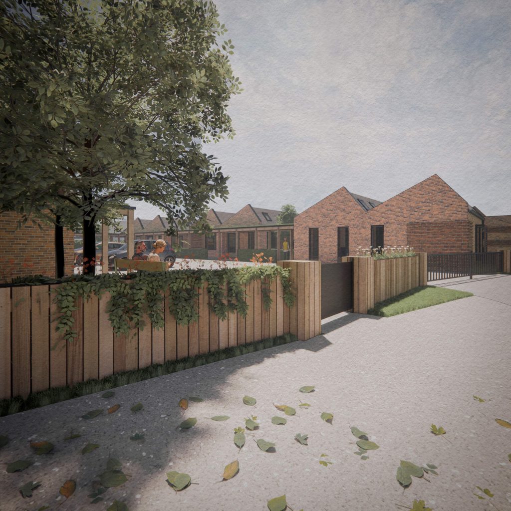 Rendered image of proposed development at St Cuthbert's Church, displaying the proposed assistive living bungalows.